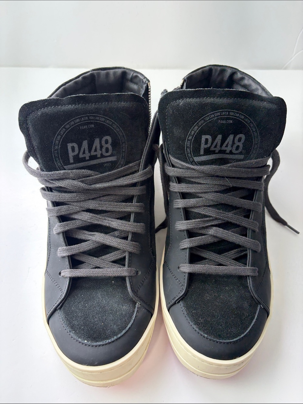 P448 Men’s Black High-Top Sneakers with Cream Sole